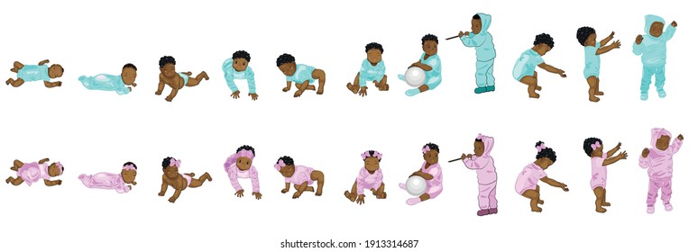 
Child development by months from birth. Black kid. Stages of the baby's physical development. vector illustration.