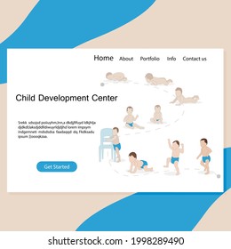 Child development center website page. Baby evolution, from diaper to walk process, crawl development, learn step in kindergarten