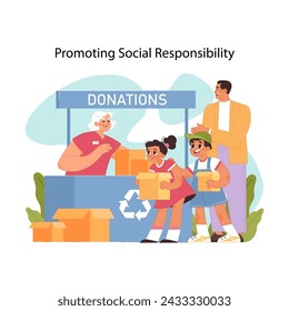 Child development concept. Children joyfully participating in donation event, learning importance of giving and recycling. Father teaching empathy and good will to others. Flat vector illustration