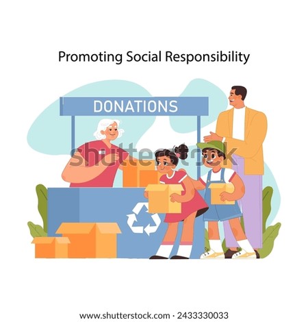 Child development concept. Children joyfully participating in donation event, learning importance of giving and recycling. Father teaching empathy and good will to others. Flat vector illustration