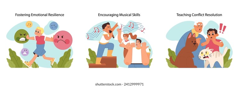 Child development concept set. Boy managing emotions, child singing with passion, and family resolving pet dispute, teaching key life skills. Nurturing talents and emotional regulation. Flat vector