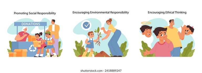 Child development concept set. Kids learning about charity, environmental care, and moral choices, nurturing social consciousness. Parental support and wisdom in education. Flat vector illustration