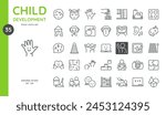 Child Development Education Icon Set. Thin Line Illustration of Early Learning and Skills Development Activities Including Reading, Counting, and Play. Editable Stroke Vector Signs.