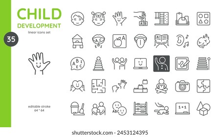 Child Development Education Icon Set. Thin Line Illustration of Early Learning and Skills Development Activities Including Reading, Counting, and Play. Editable Stroke Vector Signs.