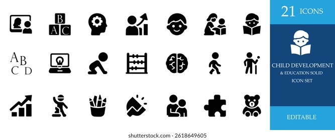 Child Development and Education Solid Icons Kids Learning and Growth Set.
