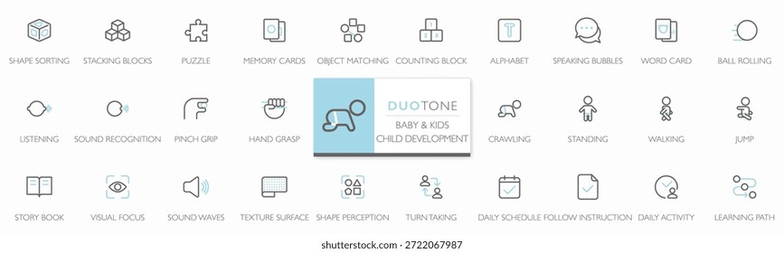 Conjunto de iconos de desarrollo infantil con iconos de línea de duotono minimalista. Incluye el aprendizaje cognitivo, las habilidades motoras, el lenguaje, las actividades sensoriales y diarias. Diseño plano moderno con trazos editables, perfecto para App de la educación del bebé, contenido de crianza y materiales de aprendizaje para niños.
