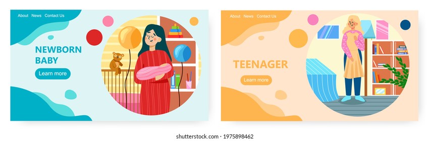 Child development landing page design, web banner vector templates. Newborn baby growing, becoming teenager. Life cycle.
