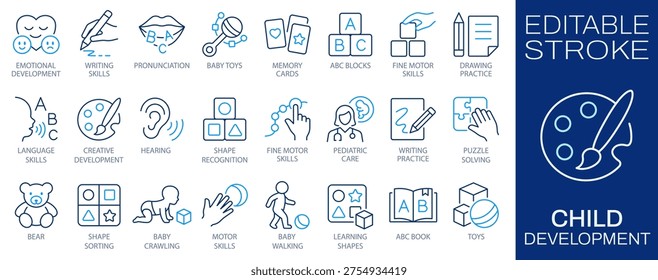 Child development line icons set, early learning concept. Education, motor skills, language training, toys, and pediatric care symbols. Editable stroke.