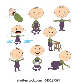 Child development, motor milestones. First year activities, baby in different positions: sitting without support, standing with assistance, hands-&-knees crawling, standing alone, walking alone. 