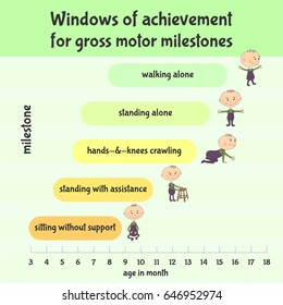 Child development, motor milestones. First year activities, baby in different positions: sitting without support, standing with assistance, hands-&-knees crawling, standing alone, walking alone. 