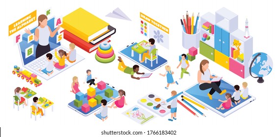 Child Development Online Distant Preschool Learning Virtual Educational Toys Books Globe Building Blocks Isometric Composition Vector Illustration 