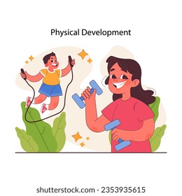 Child development. Physical education. Sport activity together. Happy kids training together, active lifestyle. Formation of kid's healthy and integrated personality. Flat vector illustration