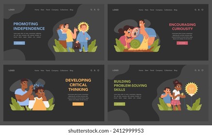 Child development set. Analytical abilities, resolution strategies, and self-belief enrichment. Interactive scenarios for kids cognitive and confidence growth. Flat vector illustration