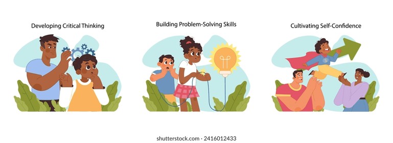 Child development set. Analytical abilities, resolution strategies, and self-belief enrichment. Interactive scenarios for kids cognitive and confidence growth. Flat vector illustration