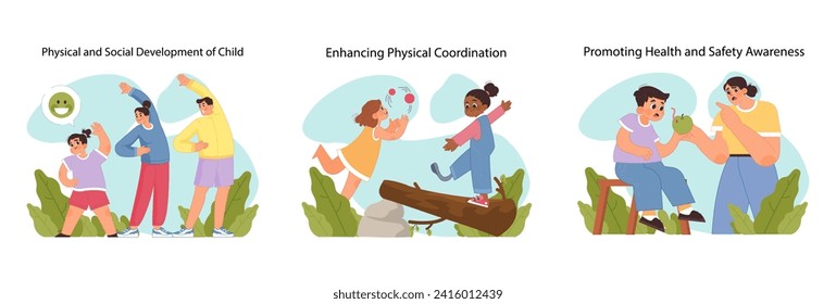 Child development set. Children in active play, balancing and parent teaching health with snack. Importance of kids physical growth. Parental support in health matters. Flat vector illustration