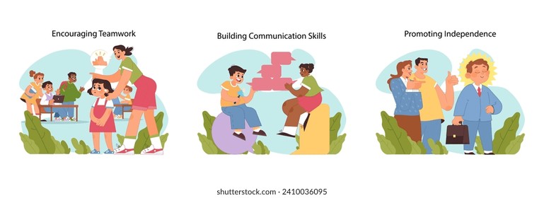 Child development set. Children and parents working on cooperative skills, effective dialogue, and self-reliance. Visual education on teamwork, communication, autonomy. Flat vector illustration