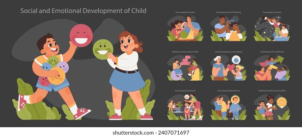 Child development set. Kids participating in various educational activities. Stages of emotional growth and social learning. Interactive play, empathy, confidence building. Flat vector illustration