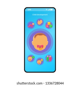 Child development smartphone interface vector template. Mobile baby tracker app page blue design layout. Baby milestones, activities tracker screen. Flat UI parenting application. Phone display