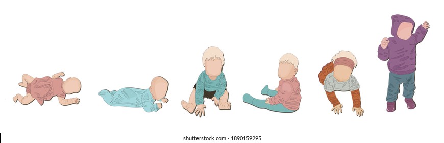 

Child development, toddlers on a white background. Kid, a set of illustrations of the development of a child from birth to a year. Vector illustration.
