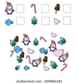 Child development.A game for children.North, penguin, tree, candy.Printout for preschoolers.Puzzle, classes, riddle, logic game for the development of innate.