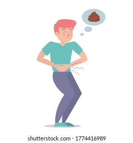 Child with a diarrhea vector isolated. Boy with pain in stomach. Belly disease. Person needs to get to the toilet.
