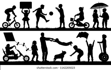 Child different events, set. Children playing outdoor, silhouette vector. Baby entertainment, isolated on white background