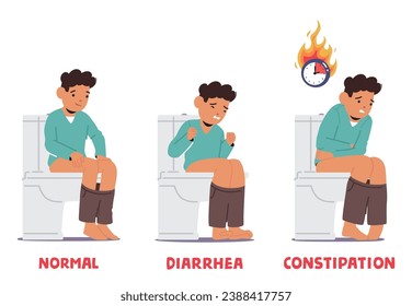 Niño con diferentes estados de Stool, Realiza Salud Digestiva De Una Manera Visualmente Informativa. Carácter de niño pequeño con herramienta normal, diarrea y estreñimiento. Ilustración de vectores de personas de caricatura