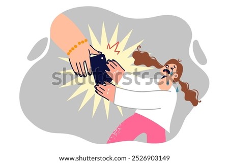 Child with digital addiction threw tantrum because phone was taken away and was afraid of missing message on social network. Problem of childrens digital addiction and nomophobia. 