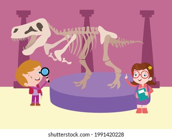 Child and dinosaur vector concept. Elementary school students looking at dinosaur fossil skeleton in the museum
