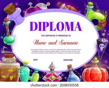 Child diploma with witch magic potions bottles. Sorcerer or wizard elixirs fairy flasks and jars cartoon vector. Kid school education certificate template, children kindergarten graduation diploma