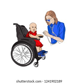 child is disabled girl at the reception at the doctor pediatrician. doctor and stethoscope. medical checkup. Vector illustration on white isolated background. sketching style
