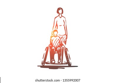 Child, disabled, wheelchair, health, medical concept. Hand drawn child in disabled carriage concept sketch. Isolated vector illustration.