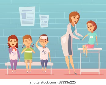 Child diseases at doctors office composition with ill cartoon characters of suffering children and female pediatrician vector illustration
