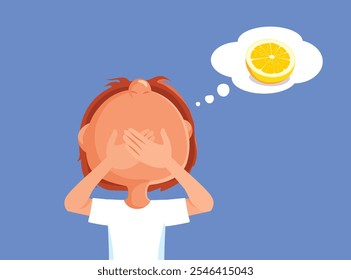 
Child Disliking the Sour Taste of Lemons Vector Illustration. Kid displeased by the extreme taste of citrus fruit not wanting to eat it 
