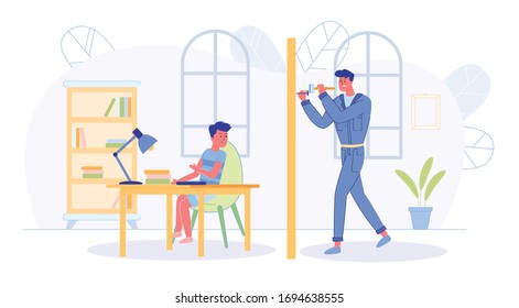 Child Distracted from doing Homework, Worried by Loud Repairs Sounds from Neighboring Apartment. Problems Living in Apartment Buildings and Restless Neighborhood. Flat Cartoon Vector Illustration.