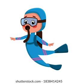 Child Diver Character in Wetsuit, Snorkel Mask and Flippers, Summer Water Sport, Kids Hobby Concept Cartoon Style Vector Illustration