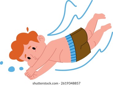 A child dives into water wearing swim trunks, depicted in a simple cartoon style.  The young boy performs a swimming plunge with splashing water effects. Cartoon vector illustration
