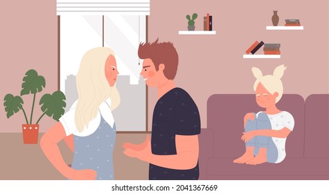 Child, divorce conflict of angry parents vector illustration. Cartoon husband and wife characters quarrel and fight, unhappy sad kid girl crying, domestic abuse, family violence at home background