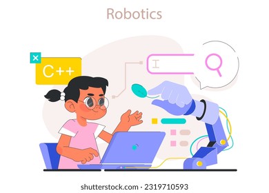 Child do programming. AI technologies and robotics educational course. Children learning robot programming and engineering. Flat vector illustration