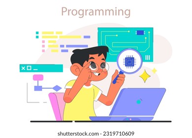 Child do programming. Computer science, AI, game technologies and robotics for kids. Web, apps and software development practice. Flat vector illustration