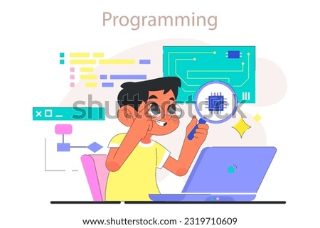 Child do programming. Computer science, AI, game technologies and robotics for kids. Web, apps and software development practice. Flat vector illustration