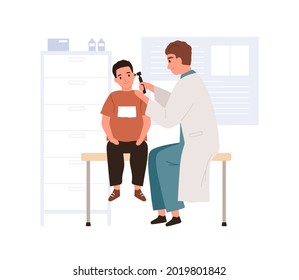 Child at doctor appointment in hospital. ENT examining ears of kid. Otolaryngologist checking boy patient. Flat vector illustration of pediatric clinic office isolated on white background