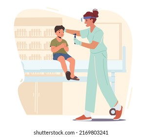 Niño en cita médica en hospital. Ent Examinando Orejas de Niños. Monitorización de caracteres Otolaringólogo Niño Paciente Haciendo Prueba de Audición en Clínica Pediátrica Caricatura Personas Ilustración Vector