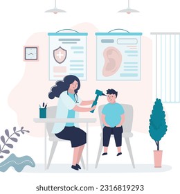 Niño en cita médica en el hospital. ENT examinando los oídos de un niño. Otolaringólogo revisando paciente de niño. Interior de la oficina de clínicas pediátricas. Consulta o revisión médica. ilustración vectorial