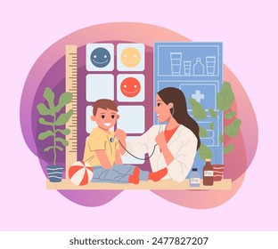 Child doctor examining toddler boy. Cheerful little kid visiting pediatrician flat vector illustration. Medical checking, healthcare, examining concept for banner, website design or landing web page
