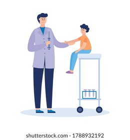 Child and doctor holding syringe with vaccine cartoon characters, flat vector illustration isolated on white background. Medical vaccination in pediatric.