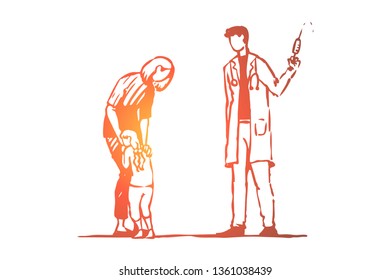 Child, doctor, injection, fear, syringe concept. Hand drawn child afraid of doctor with injection concept sketch. Isolated vector illustration.