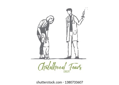 Child, doctor, injection, fear, syringe concept. Hand drawn child afraid of doctor with injection concept sketch. Isolated vector illustration.