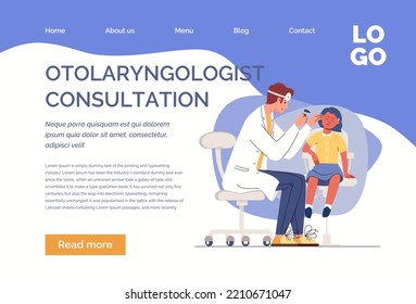 Child at doctor's appointment in ENT clinic. Otolaryngology checks child's ears with medical instruments, examines. Vector characters flat cartoon illustration. Web template, landing page, website.