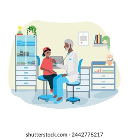 A child at a doctor's office appointment. A friendly doctor examines a child. Pediatrics. Vector illustration in flat style on a white background.